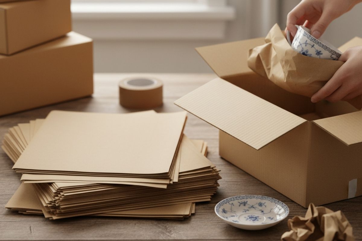 Tasse wird in Verpackungsmaterial eingewickelt